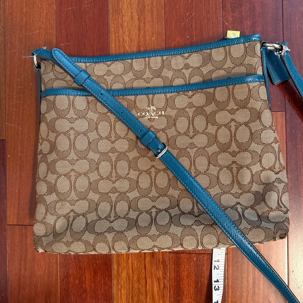 Coach Brown Signature Canvas Crossbody with Teal Trim